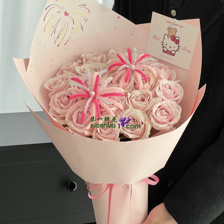 19枝粉雪山玫瑰，2个扭扭棒烟花装饰